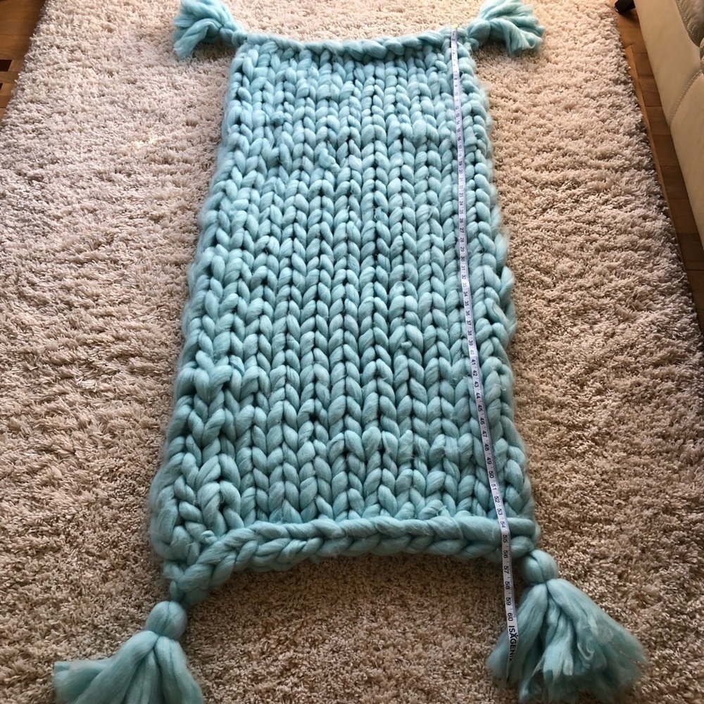 Handcrafted Dusty Baby Blue Chunky Merino Wool Tassel Blanket Decor Cozy Blanket - Picture 14 of 15